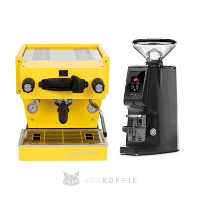 La Marzocco Linea mini R geel + Eureka Atom W75 zwart